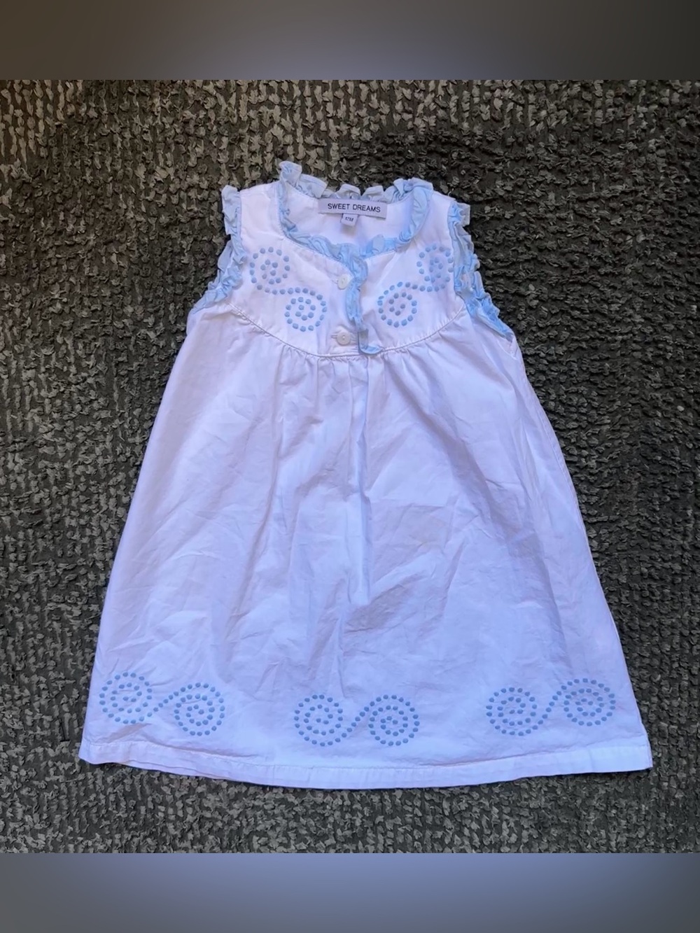 Sweet Dreams Baby Girl White Blue Embroidered Ruffle Dress 12M Heirloom